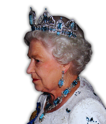 Královna Alžběta II. s akvamaránovými šperky